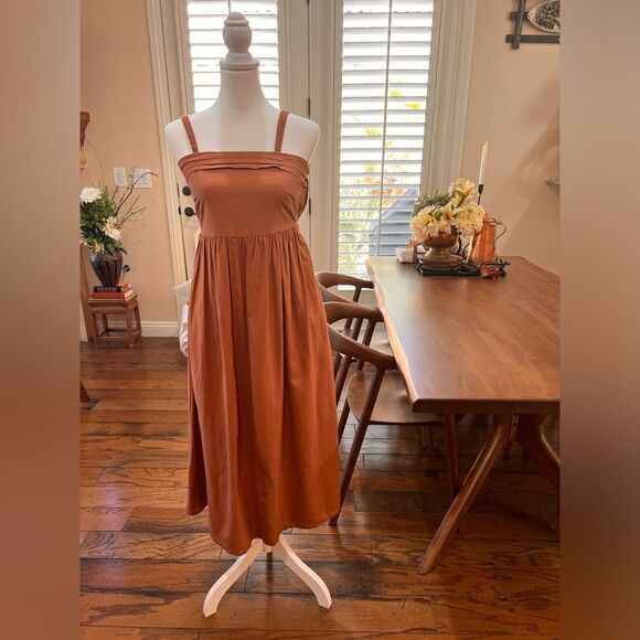 Joie Terracotta Linen Blend Midi Sundress Smocked Back Adjustable Straps Size 2 - Picture 2 of 10
